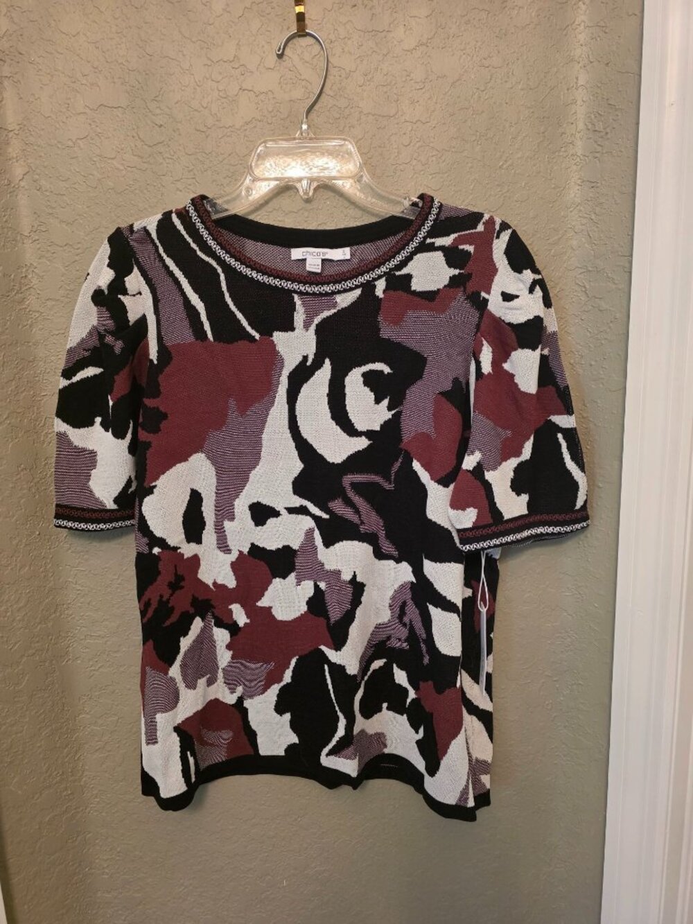 Chico's Marrakesh Leaf Jacquard Pullover Short Sleeve Sweater L NEW
